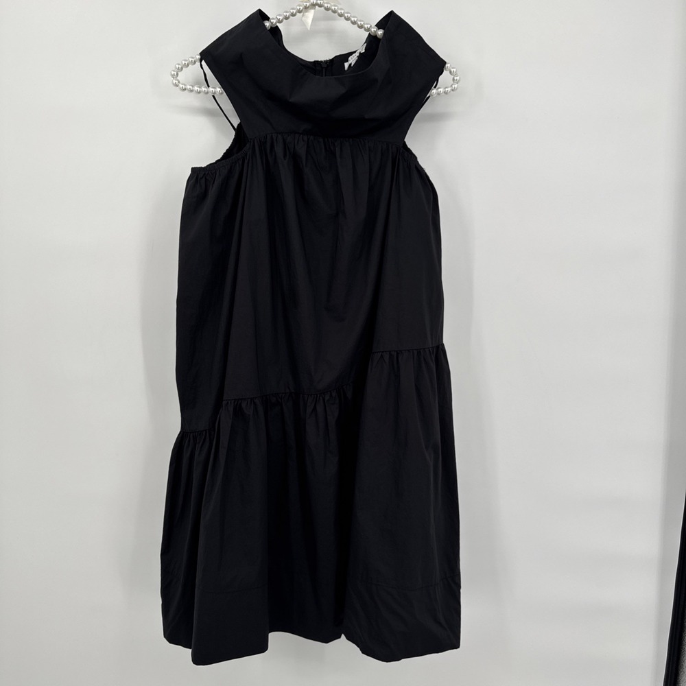 Allina Liu XS Black ruched, mock-neck collar and a tiered cotton body dress